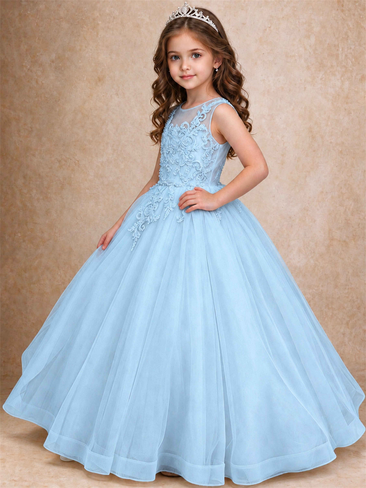 Lace Applique Girls Pageant Dresses Tulle Ball Gown Flower Girl Dress for Wedding Birthday Communion