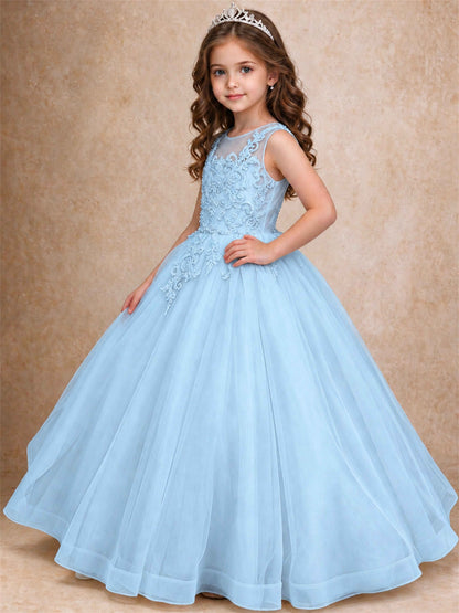 Lace Applique Girls Pageant Dresses Tulle Ball Gown Flower Girl Dress for Wedding Birthday Communion