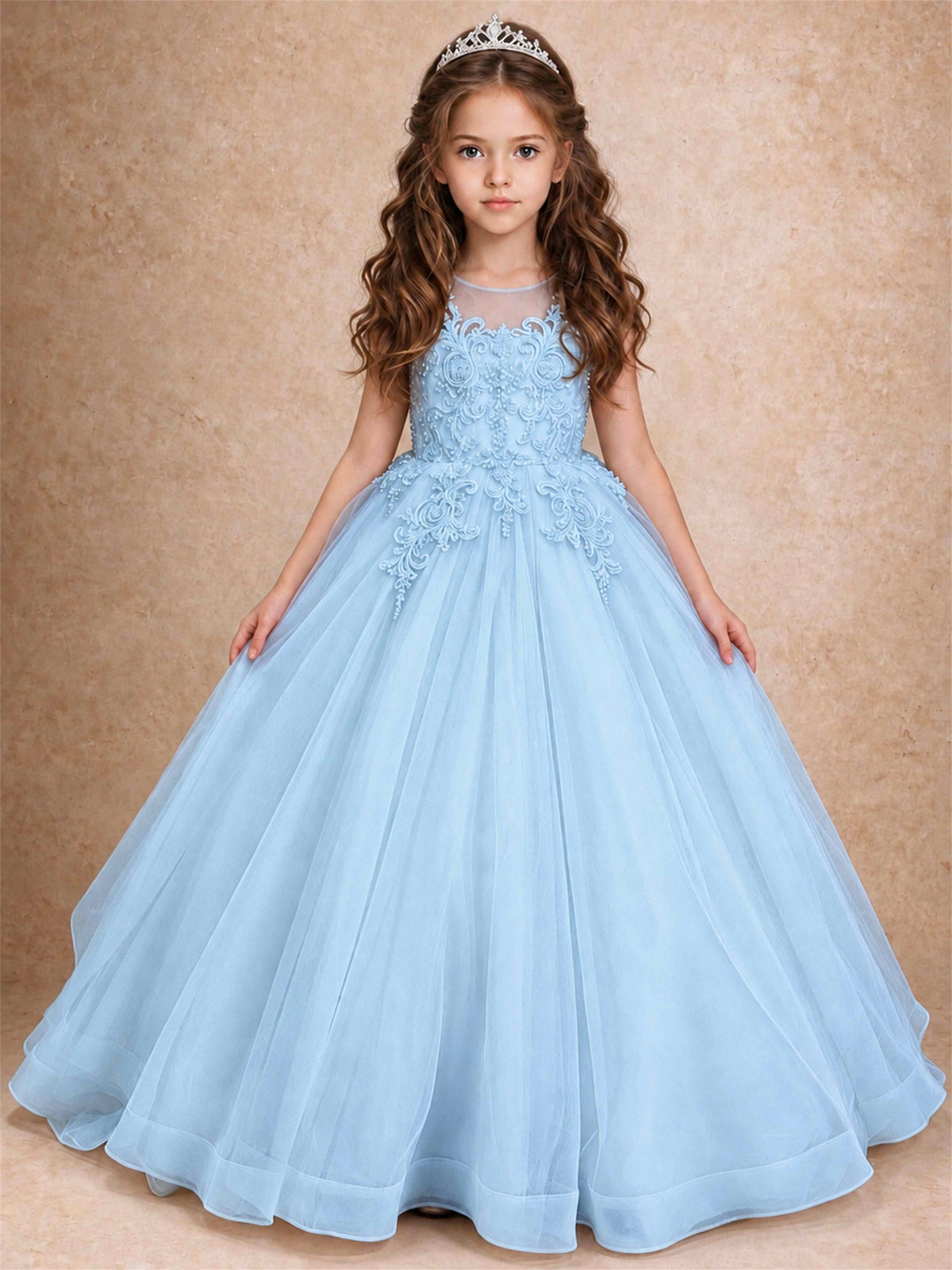 Lace Applique Girls Pageant Dresses Tulle Ball Gown Flower Girl Dress for Wedding Birthday Communion