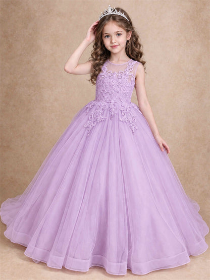 Lace Applique Girls Pageant Dresses Tulle Ball Gown Flower Girl Dress for Wedding Birthday Communion