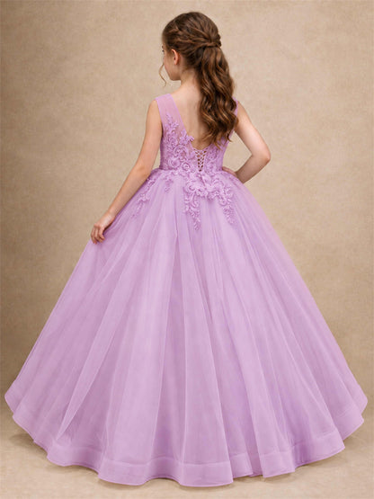 Lace Applique Girls Pageant Dresses Tulle Ball Gown Flower Girl Dress for Wedding Birthday Communion