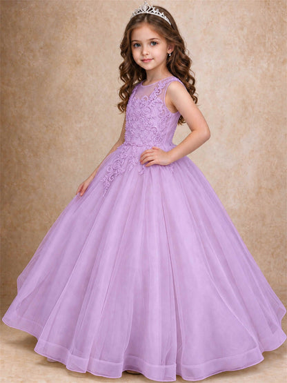 Lace Applique Girls Pageant Dresses Tulle Ball Gown Flower Girl Dress for Wedding Birthday Communion