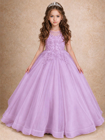 Lace Applique Girls Pageant Dresses Tulle Ball Gown Flower Girl Dress for Wedding Birthday Communion