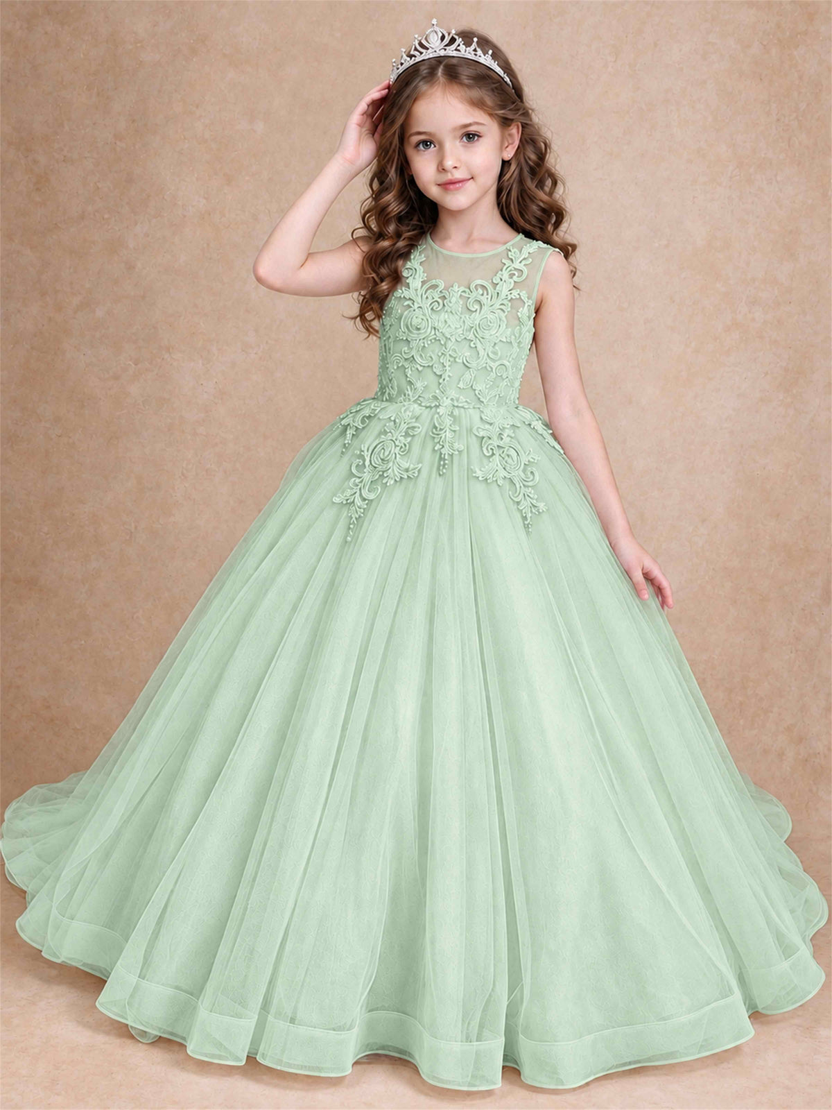 Lace Applique Girls Pageant Dresses Tulle Ball Gown Flower Girl Dress for Wedding Birthday Communion
