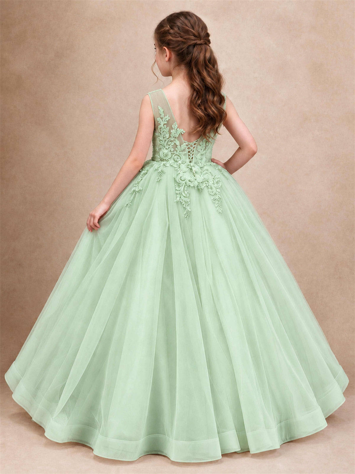 Lace Applique Girls Pageant Dresses Tulle Ball Gown Flower Girl Dress for Wedding Birthday Communion
