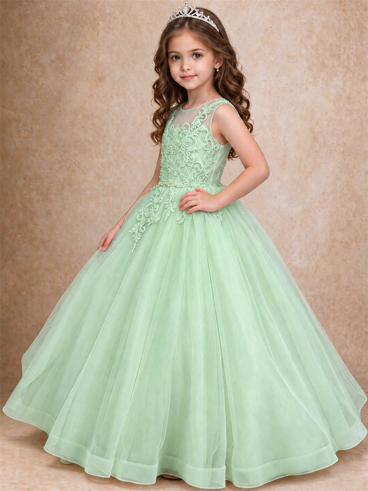 Lace Applique Girls Pageant Dresses Tulle Ball Gown Flower Girl Dress for Wedding Birthday Communion