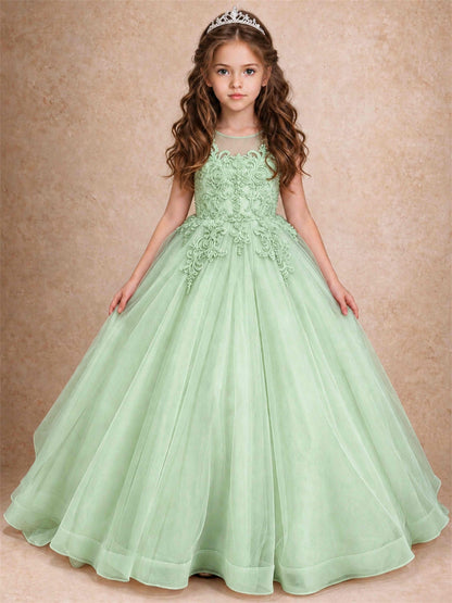 Lace Applique Girls Pageant Dresses Tulle Ball Gown Flower Girl Dress for Wedding Birthday Communion