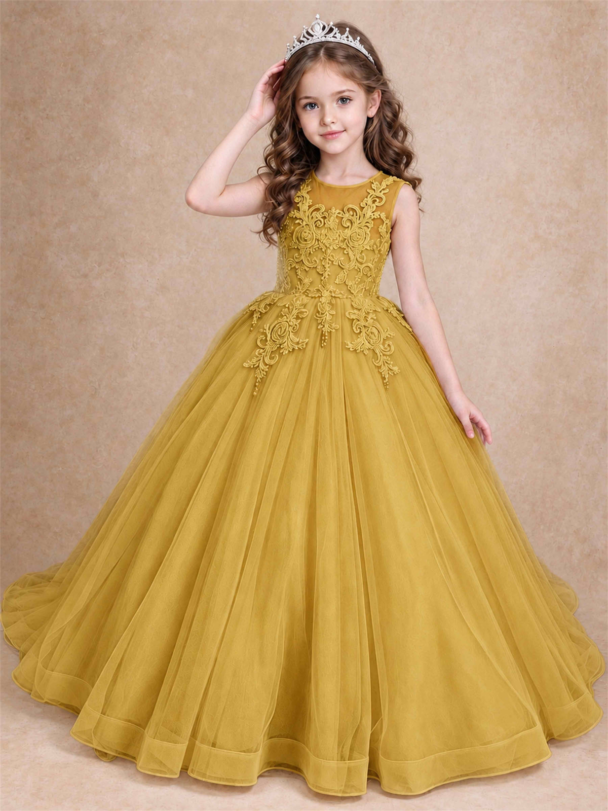 Lace Applique Girls Pageant Dresses Tulle Ball Gown Flower Girl Dress for Wedding Birthday Communion