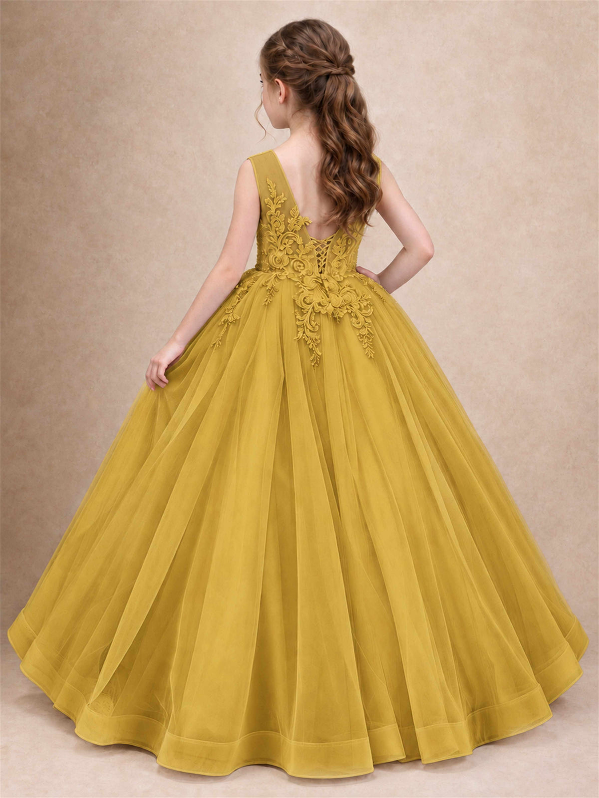 Lace Applique Girls Pageant Dresses Tulle Ball Gown Flower Girl Dress for Wedding Birthday Communion
