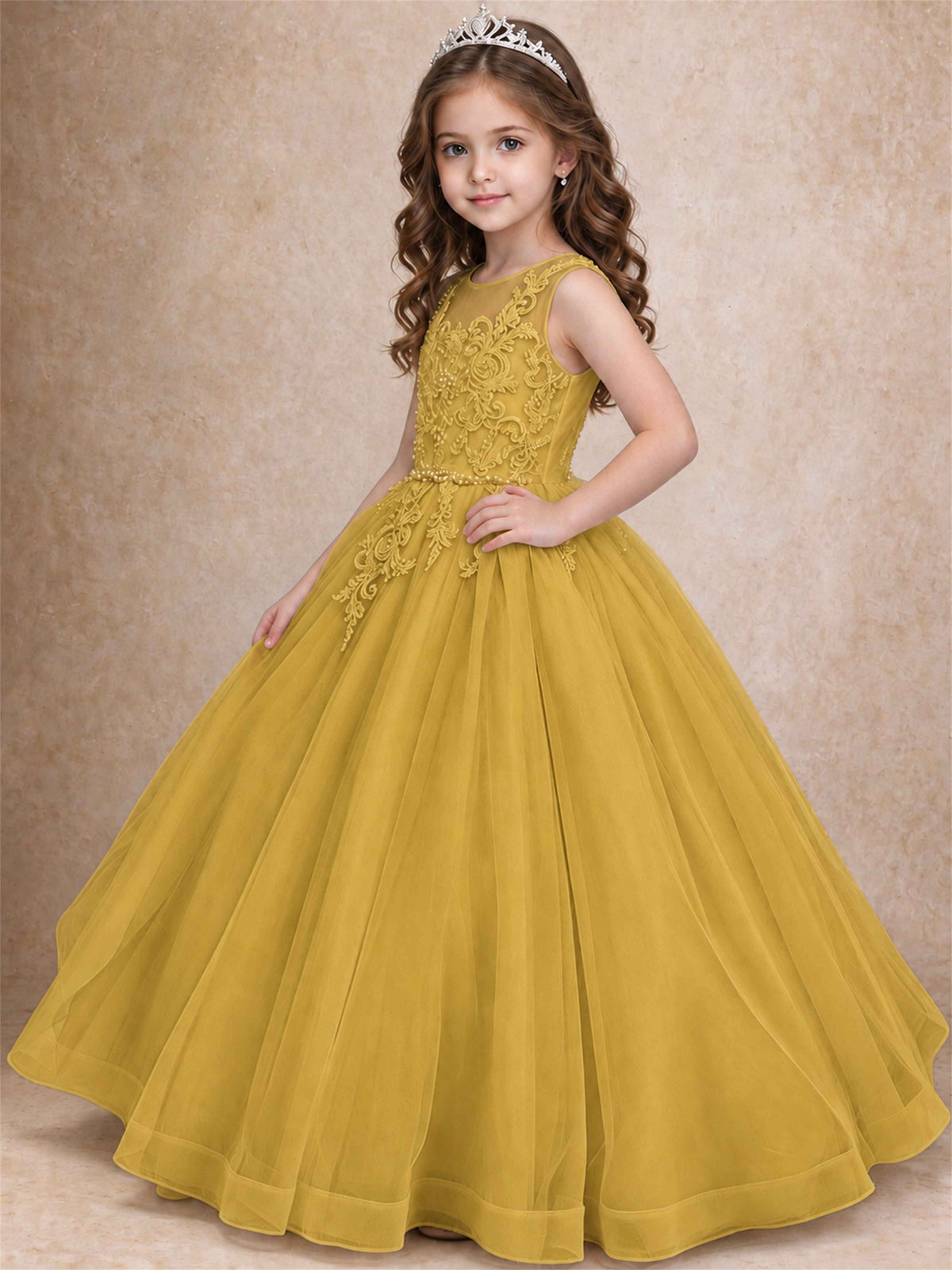 Lace Applique Girls Pageant Dresses Tulle Ball Gown Flower Girl Dress for Wedding Birthday Communion