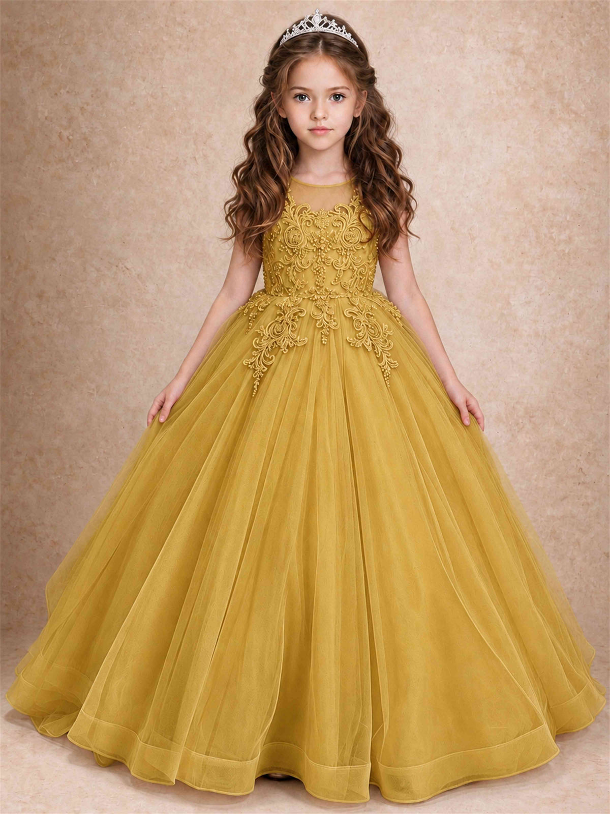 Lace Applique Girls Pageant Dresses Tulle Ball Gown Flower Girl Dress for Wedding Birthday Communion
