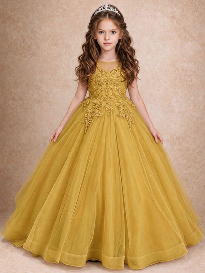 Lace Applique Girls Pageant Dresses Tulle Ball Gown Flower Girl Dress for Wedding Birthday Communion
