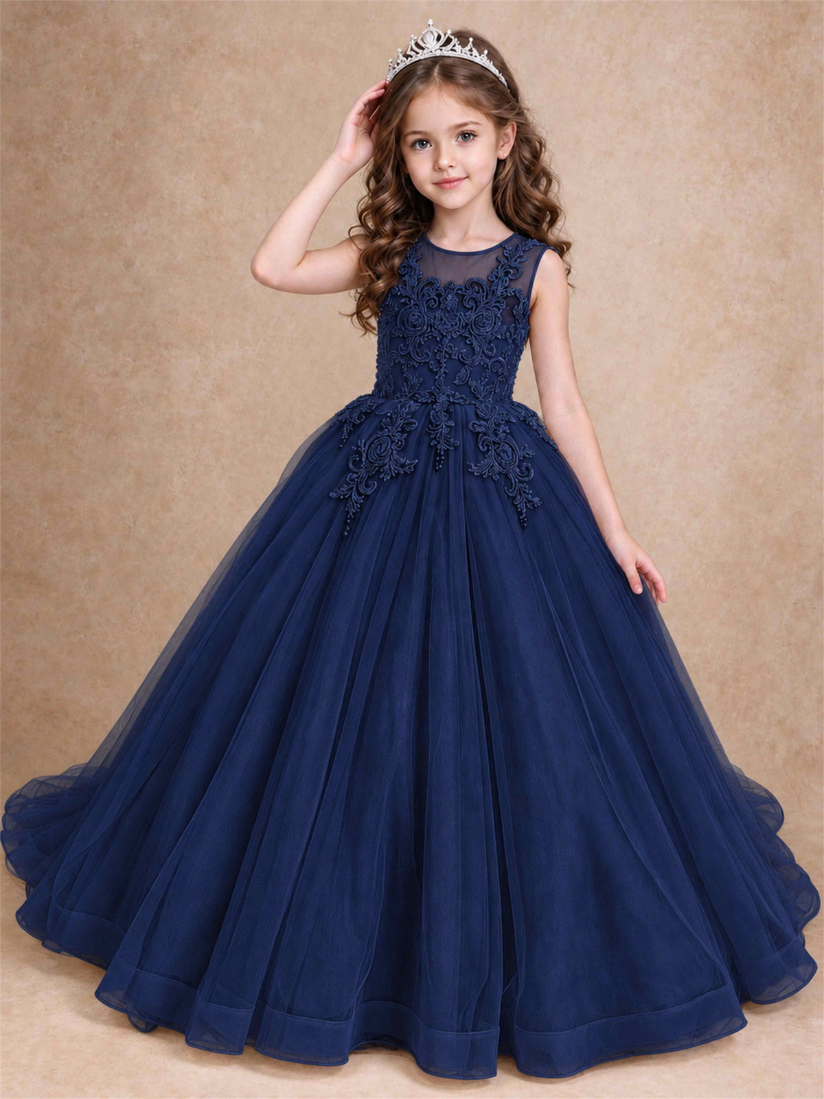 Lace Applique Girls Pageant Dresses Tulle Ball Gown Flower Girl Dress for Wedding Birthday Communion