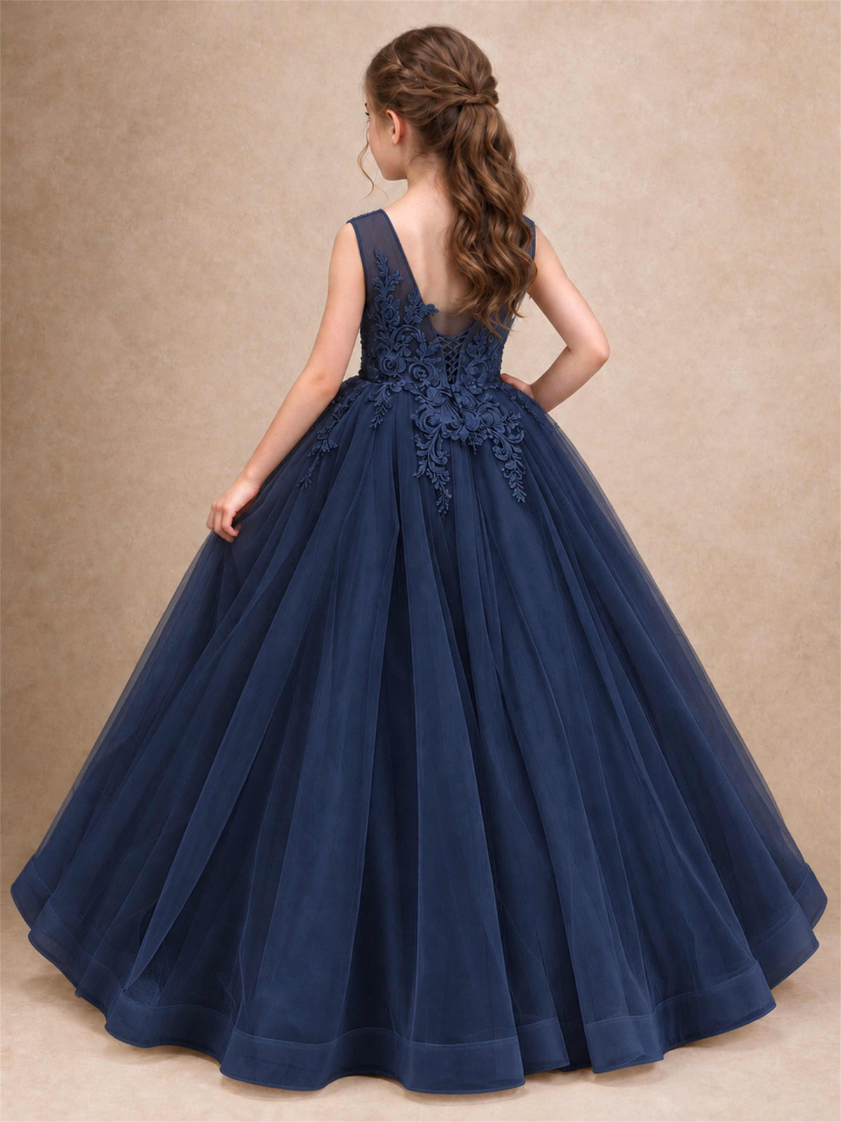 Lace Applique Girls Pageant Dresses Tulle Ball Gown Flower Girl Dress for Wedding Birthday Communion