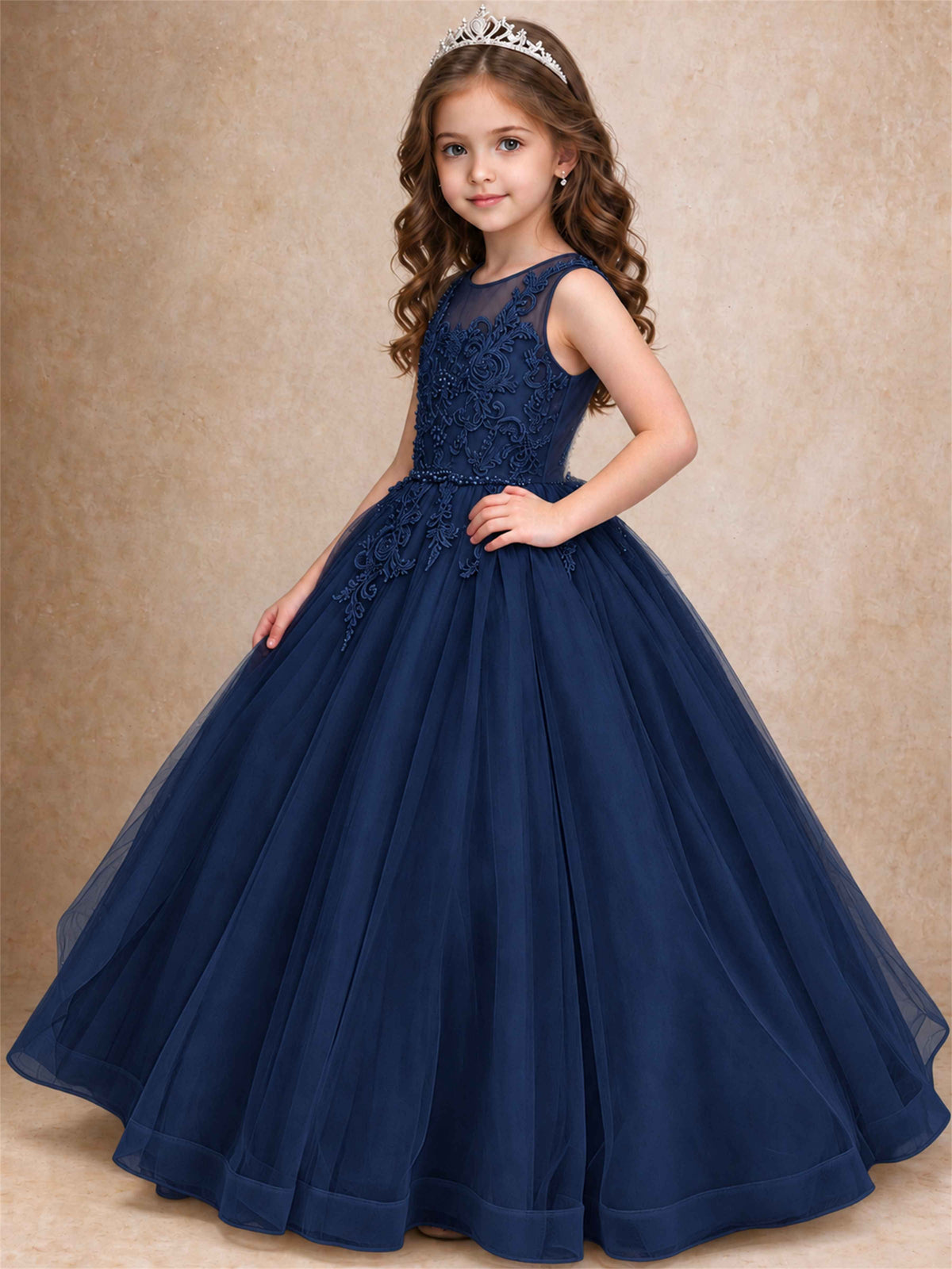Lace Applique Girls Pageant Dresses Tulle Ball Gown Flower Girl Dress for Wedding Birthday Communion