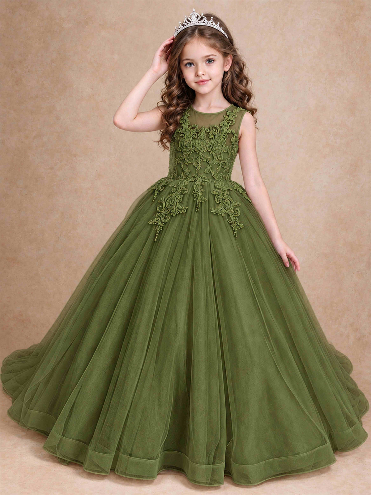 Lace Applique Girls Pageant Dresses Tulle Ball Gown Flower Girl Dress for Wedding Birthday Communion