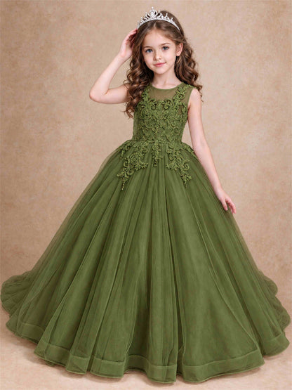 Lace Applique Girls Pageant Dresses Tulle Ball Gown Flower Girl Dress for Wedding Birthday Communion