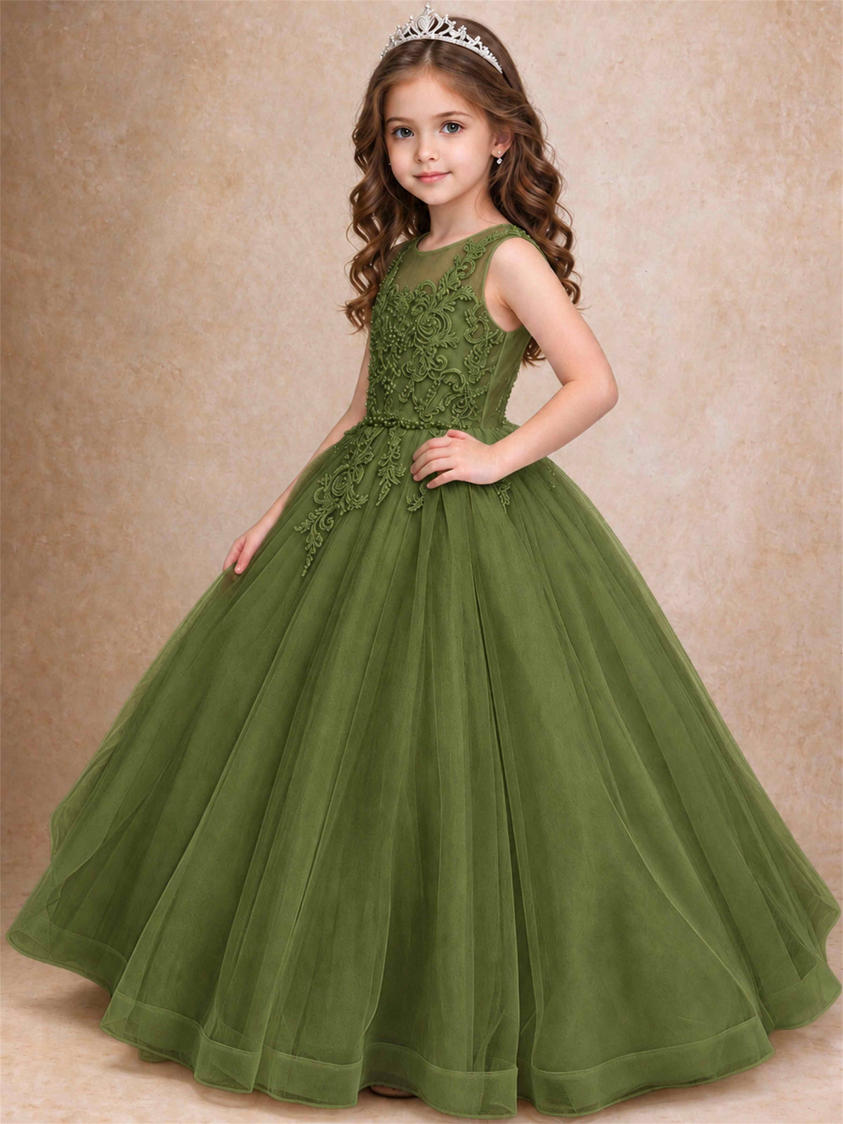 Lace Applique Girls Pageant Dresses Tulle Ball Gown Flower Girl Dress for Wedding Birthday Communion