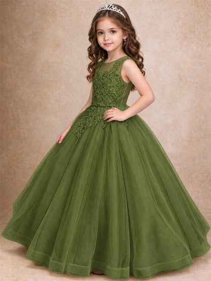 Lace Applique Girls Pageant Dresses Tulle Ball Gown Flower Girl Dress for Wedding Birthday Communion