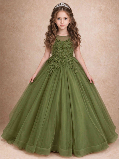 Lace Applique Girls Pageant Dresses Tulle Ball Gown Flower Girl Dress for Wedding Birthday Communion