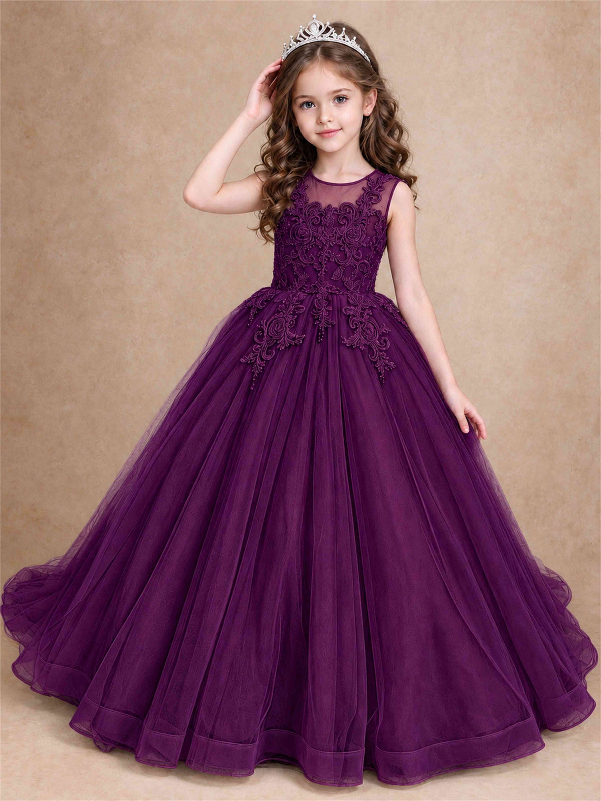 Lace Applique Girls Pageant Dresses Tulle Ball Gown Flower Girl Dress for Wedding Birthday Communion