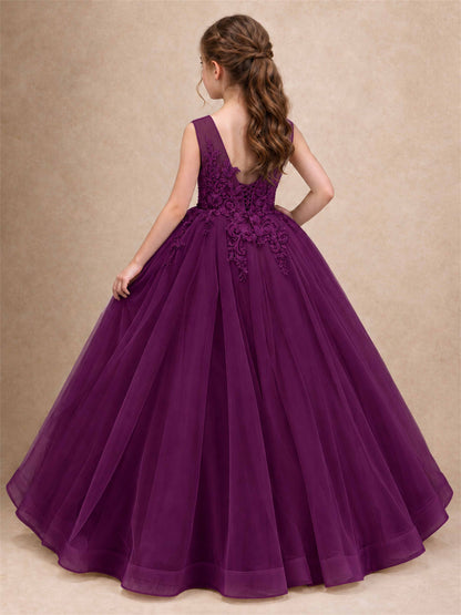Lace Applique Girls Pageant Dresses Tulle Ball Gown Flower Girl Dress for Wedding Birthday Communion