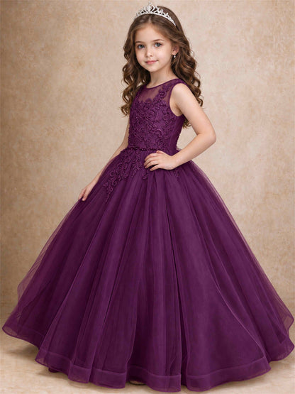Lace Applique Girls Pageant Dresses Tulle Ball Gown Flower Girl Dress for Wedding Birthday Communion