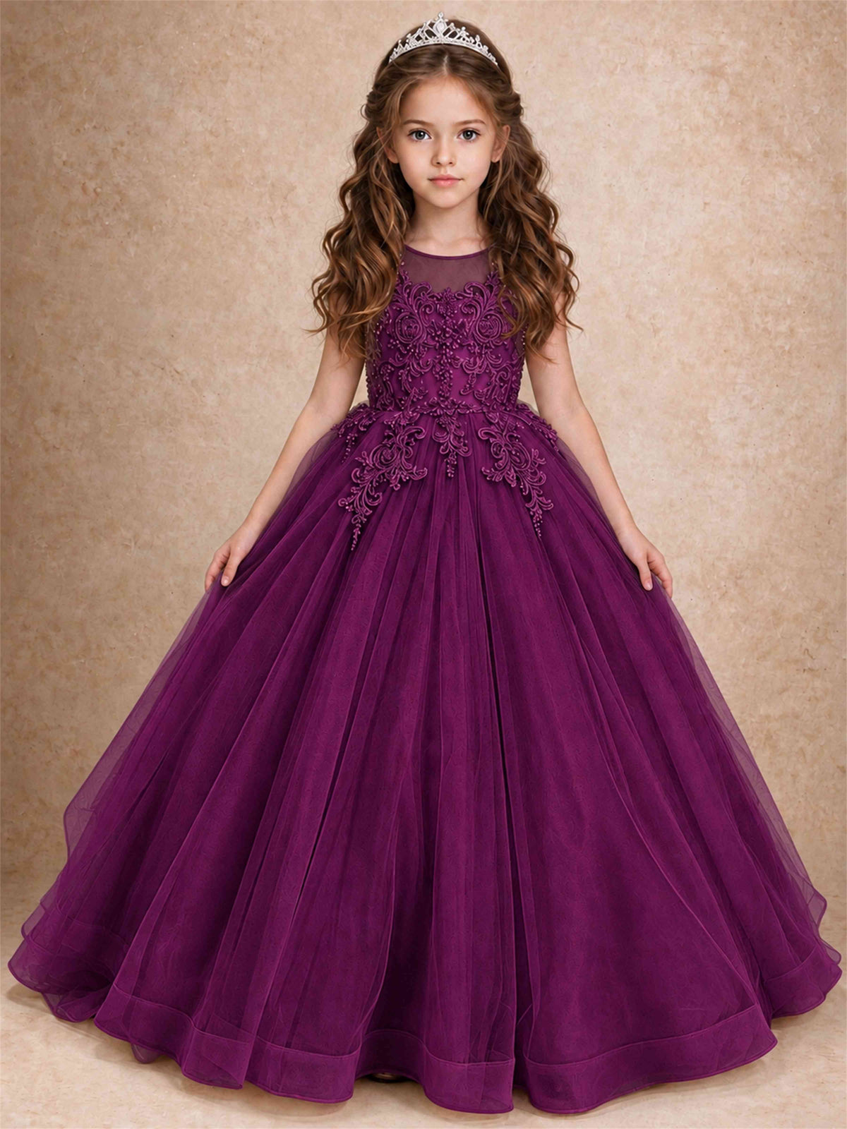 Lace Applique Girls Pageant Dresses Tulle Ball Gown Flower Girl Dress for Wedding Birthday Communion