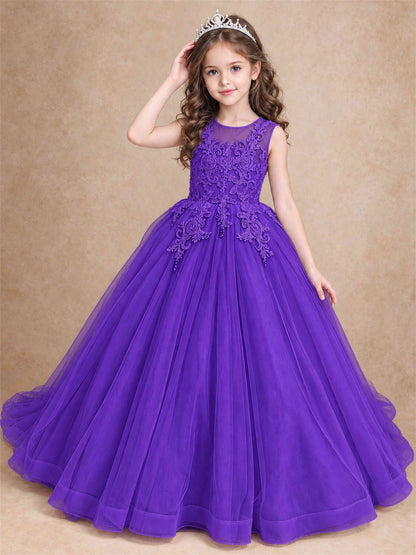 Lace Applique Girls Pageant Dresses Tulle Ball Gown Flower Girl Dress for Wedding Birthday Communion