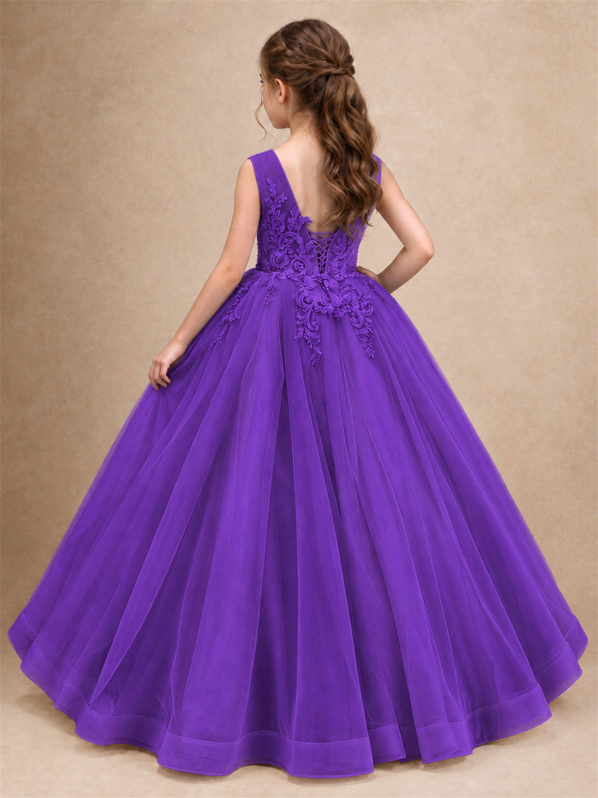 Lace Applique Girls Pageant Dresses Tulle Ball Gown Flower Girl Dress for Wedding Birthday Communion