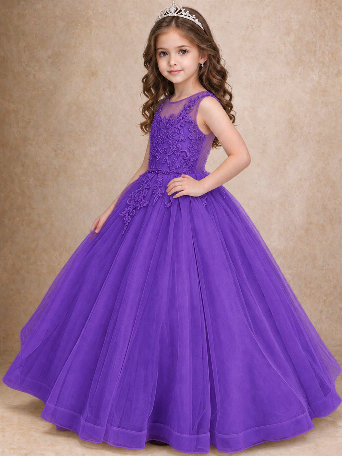 Lace Applique Girls Pageant Dresses Tulle Ball Gown Flower Girl Dress for Wedding Birthday Communion