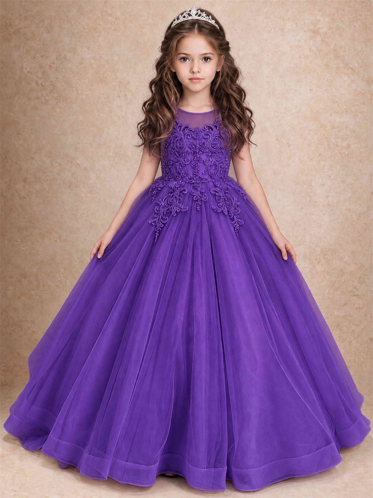 Lace Applique Girls Pageant Dresses Tulle Ball Gown Flower Girl Dress for Wedding Birthday Communion