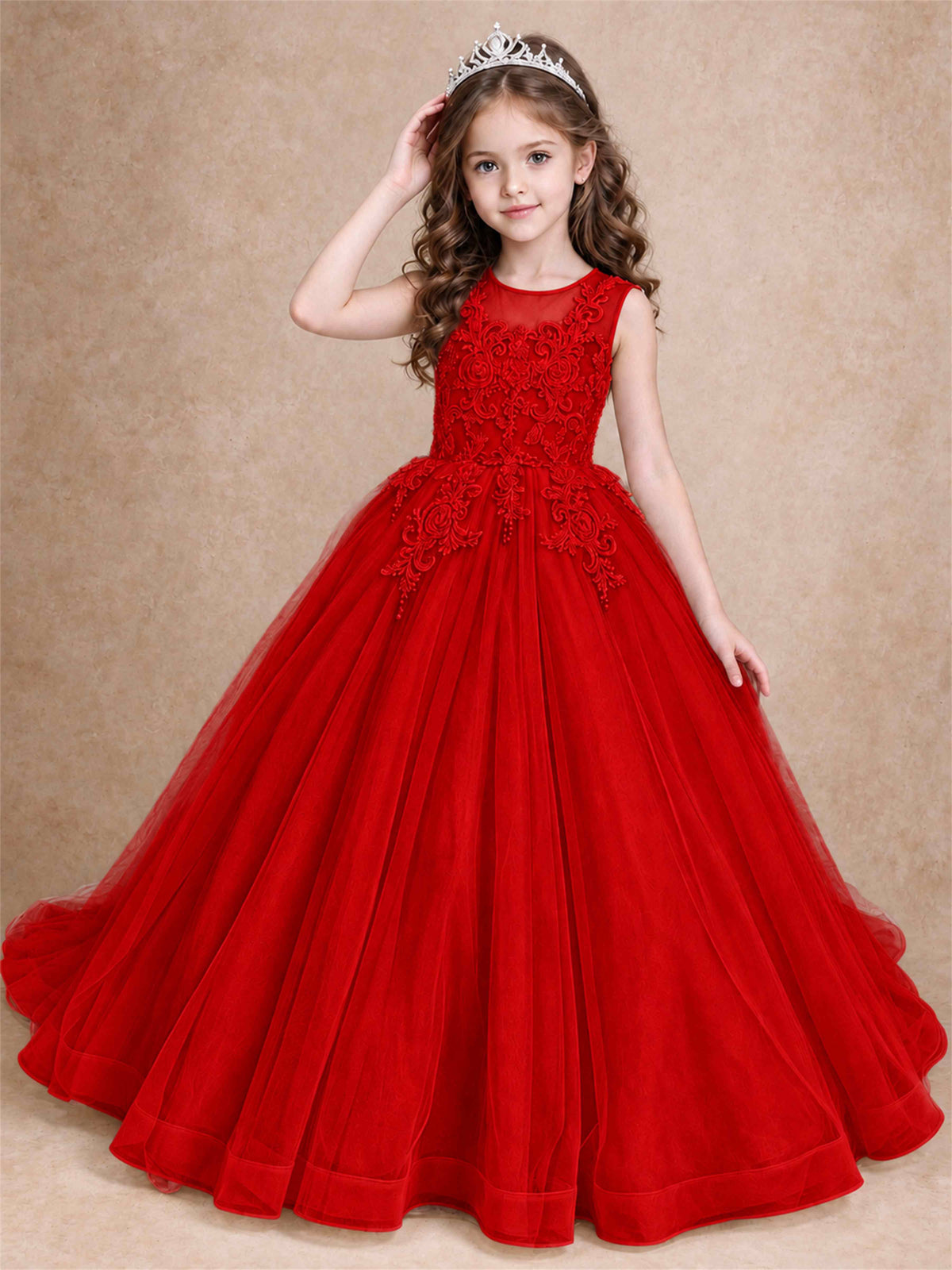 Lace Applique Girls Pageant Dresses Tulle Ball Gown Flower Girl Dress for Wedding Birthday Communion