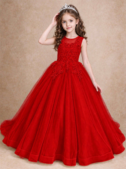 Lace Applique Girls Pageant Dresses Tulle Ball Gown Flower Girl Dress for Wedding Birthday Communion