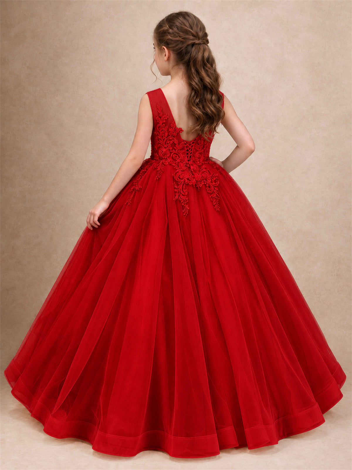 Lace Applique Girls Pageant Dresses Tulle Ball Gown Flower Girl Dress for Wedding Birthday Communion