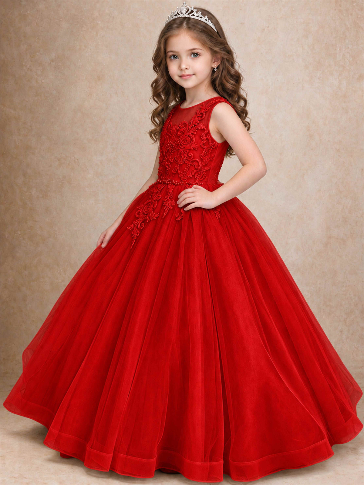 Lace Applique Girls Pageant Dresses Tulle Ball Gown Flower Girl Dress for Wedding Birthday Communion