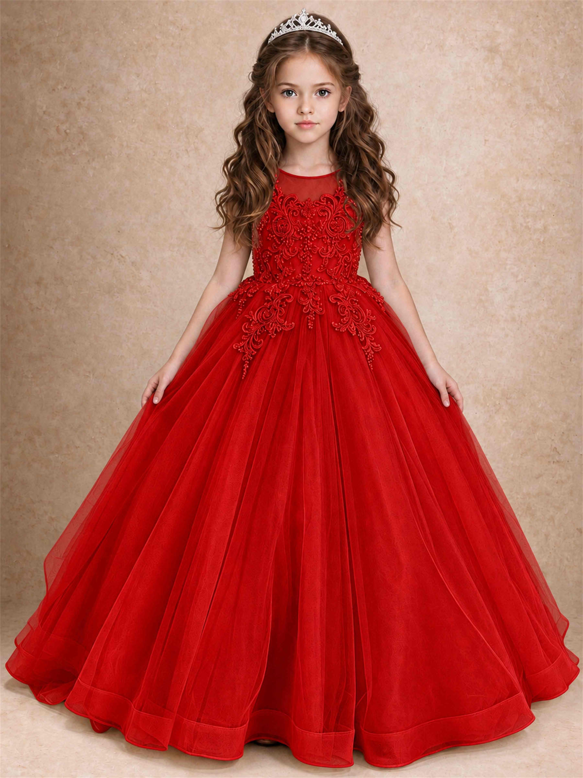 Lace Applique Girls Pageant Dresses Tulle Ball Gown Flower Girl Dress for Wedding Birthday Communion