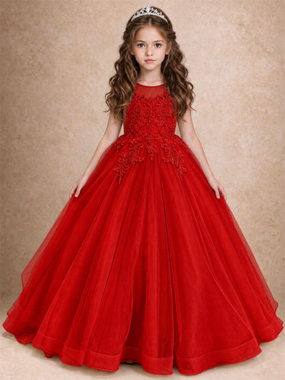 Lace Applique Girls Pageant Dresses Tulle Ball Gown Flower Girl Dress for Wedding Birthday Communion