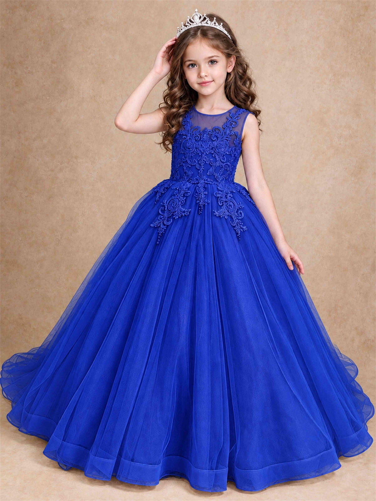 Lace Applique Girls Pageant Dresses Tulle Ball Gown Flower Girl Dress for Wedding Birthday Communion