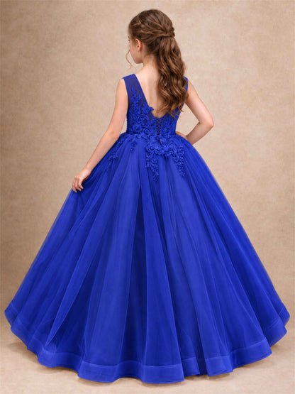 Lace Applique Girls Pageant Dresses Tulle Ball Gown Flower Girl Dress for Wedding Birthday Communion