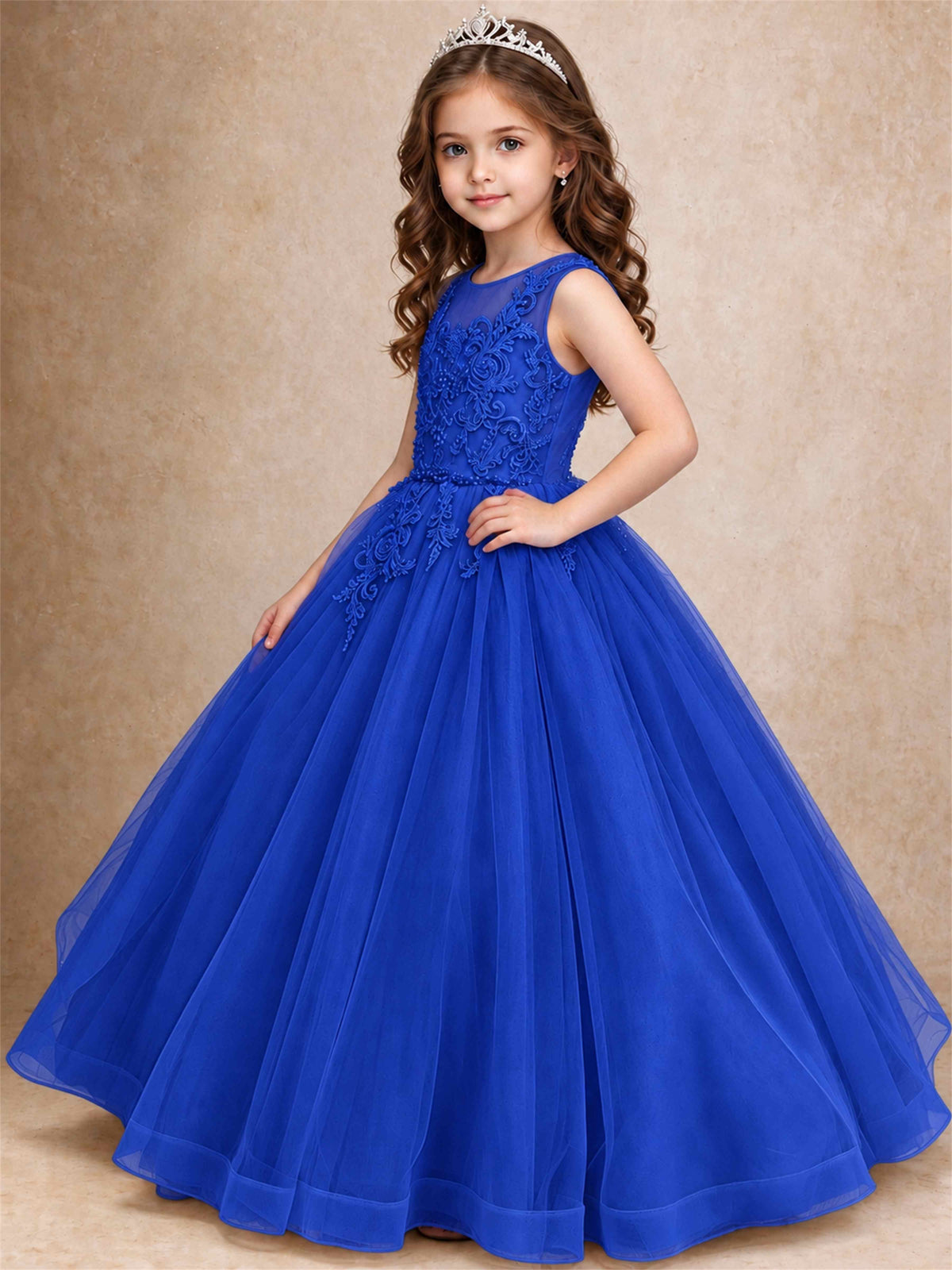 Lace Applique Girls Pageant Dresses Tulle Ball Gown Flower Girl Dress for Wedding Birthday Communion