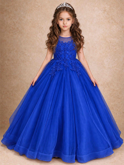 Lace Applique Girls Pageant Dresses Tulle Ball Gown Flower Girl Dress for Wedding Birthday Communion
