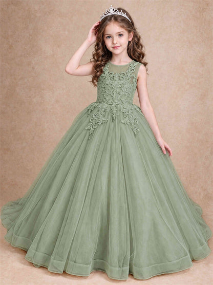 Lace Applique Girls Pageant Dresses Tulle Ball Gown Flower Girl Dress for Wedding Birthday Communion