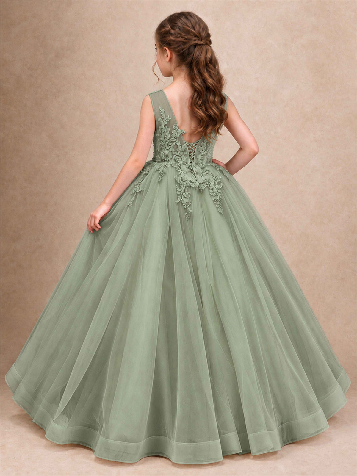 Lace Applique Girls Pageant Dresses Tulle Ball Gown Flower Girl Dress for Wedding Birthday Communion