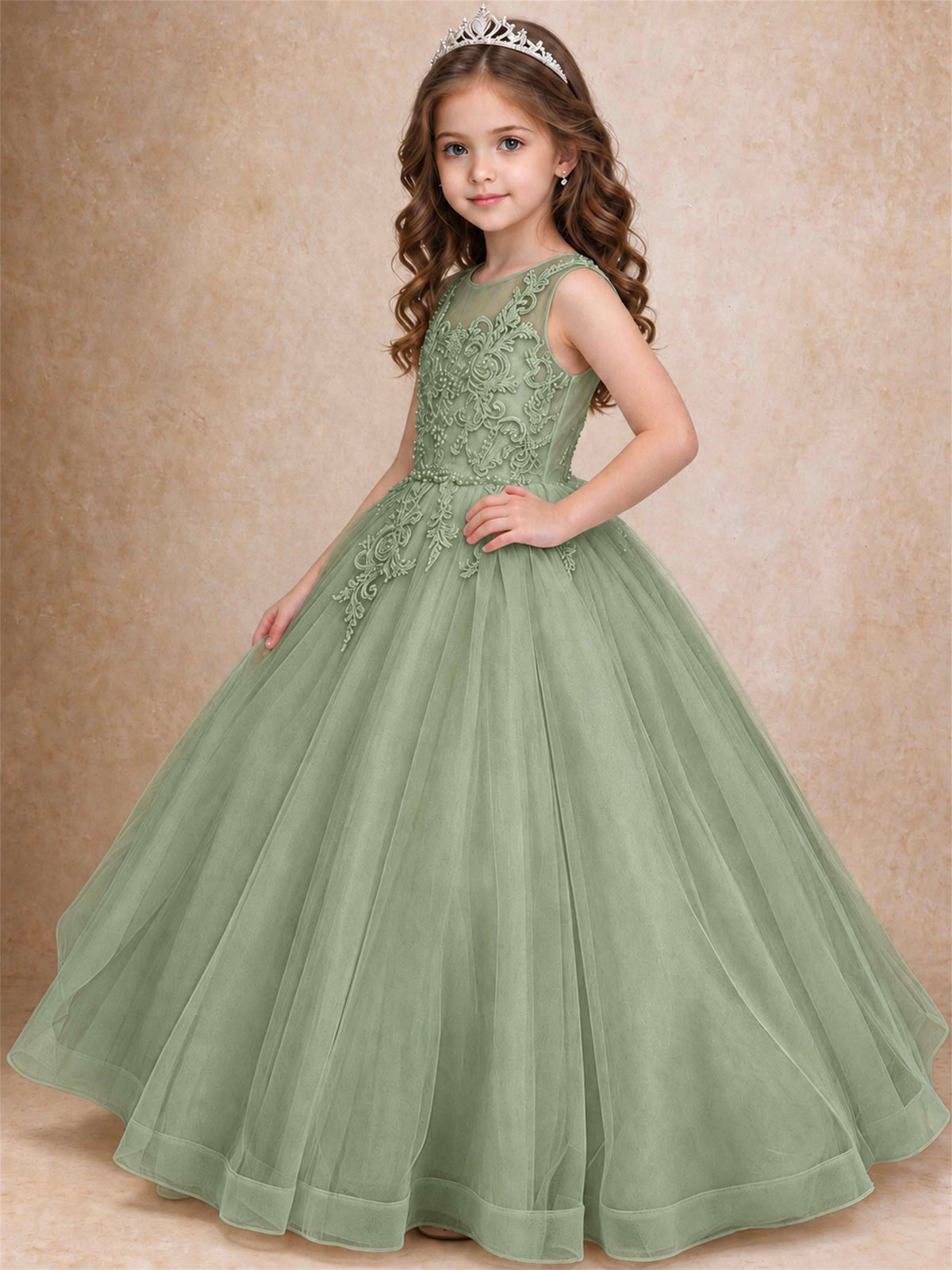 Lace Applique Girls Pageant Dresses Tulle Ball Gown Flower Girl Dress for Wedding Birthday Communion