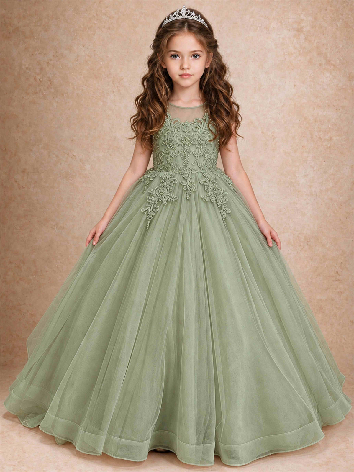 Lace Applique Girls Pageant Dresses Tulle Ball Gown Flower Girl Dress for Wedding Birthday Communion