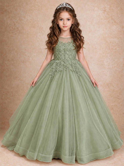Lace Applique Girls Pageant Dresses Tulle Ball Gown Flower Girl Dress for Wedding Birthday Communion
