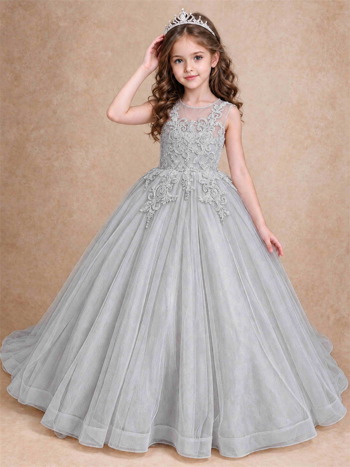 Lace Applique Girls Pageant Dresses Tulle Ball Gown Flower Girl Dress for Wedding Birthday Communion