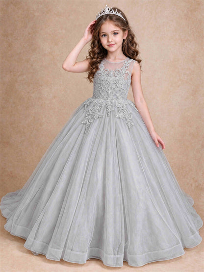 Lace Applique Girls Pageant Dresses Tulle Ball Gown Flower Girl Dress for Wedding Birthday Communion