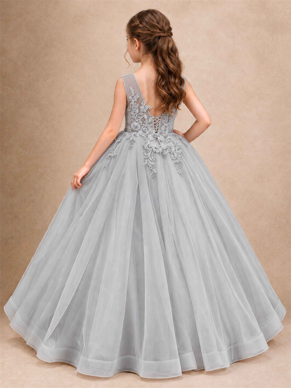 Lace Applique Girls Pageant Dresses Tulle Ball Gown Flower Girl Dress for Wedding Birthday Communion
